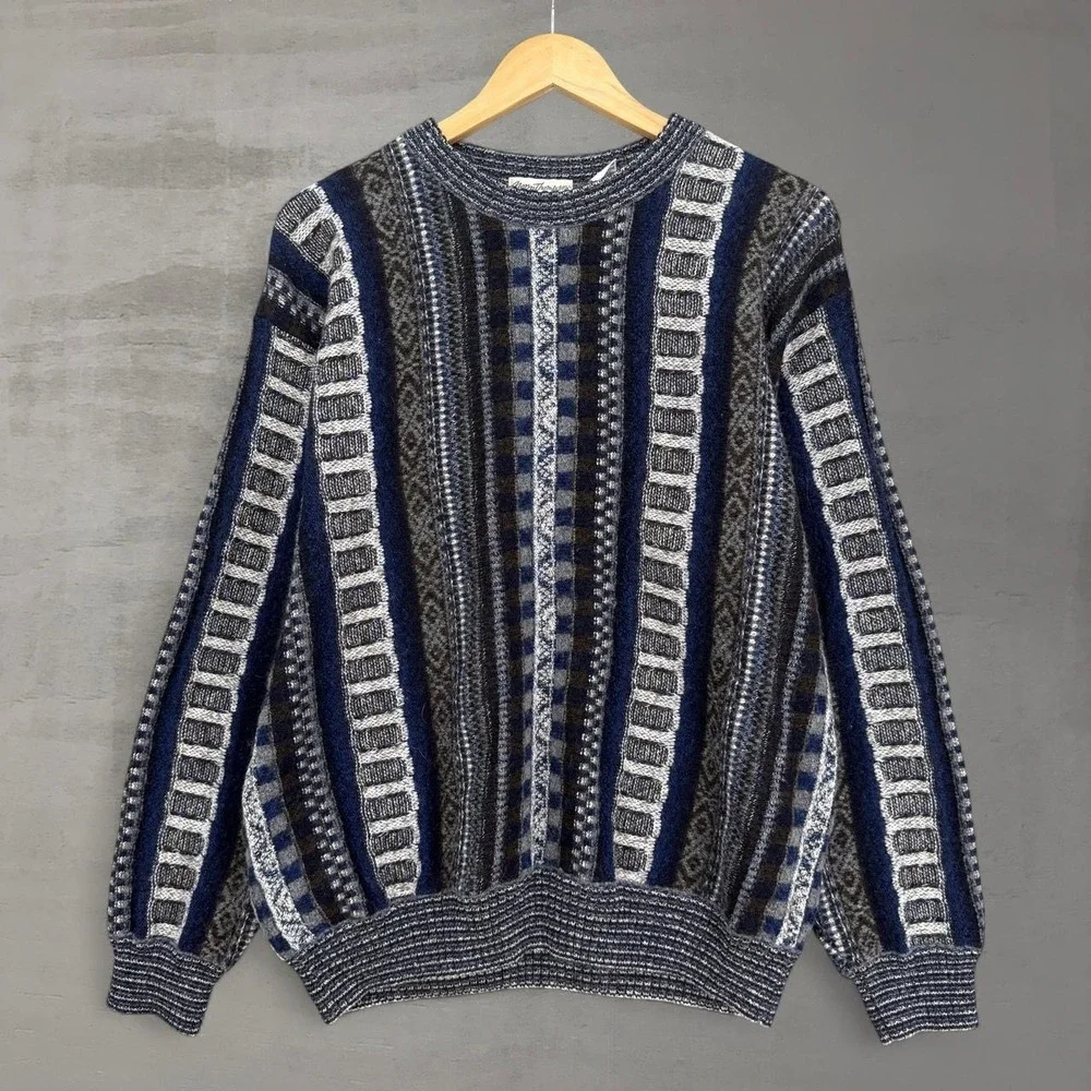 Vintage Norm Thompson 3D Sweater Blue Multi Pattern Knit Wool Blend‎ Italy Large